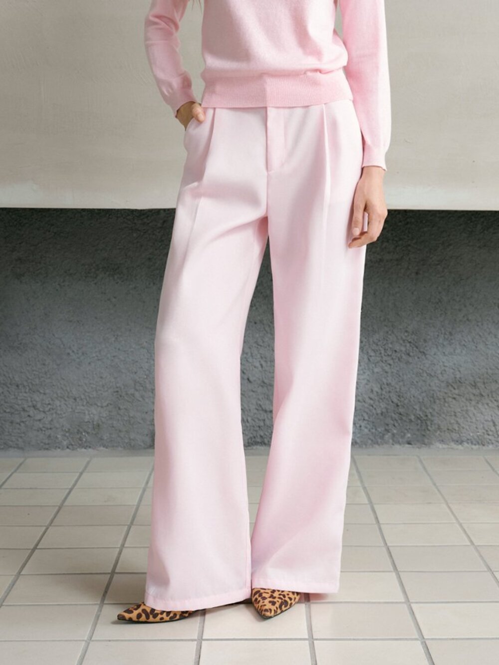 Pink Casual Women's Fold Pleated Wide Leg Pants With Belt